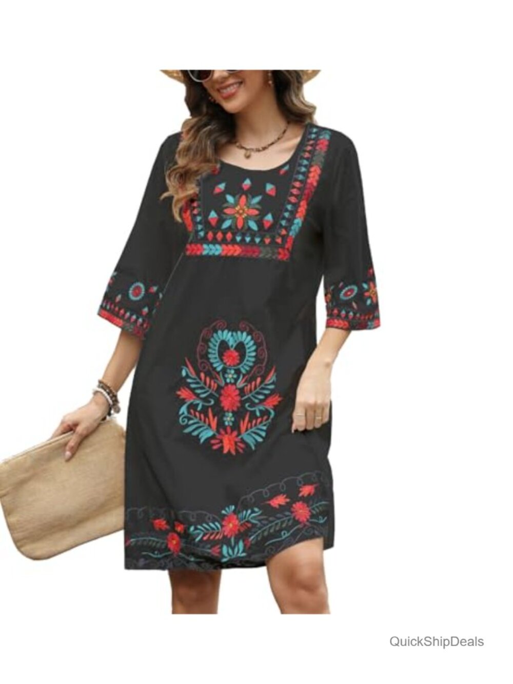 Cotton Mexican Embroidered Boho Floral Peasant Dress 3/4 Sleeve